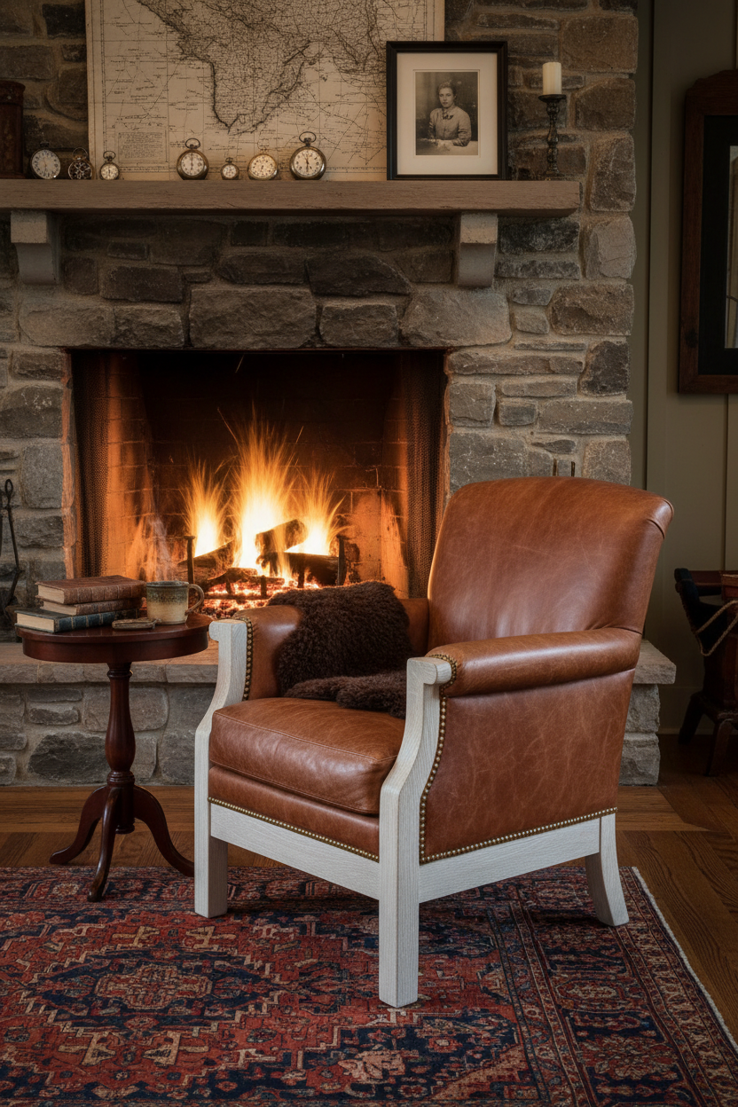 Frontier leather and oak club chair beside a stone fireplace in a rustic study