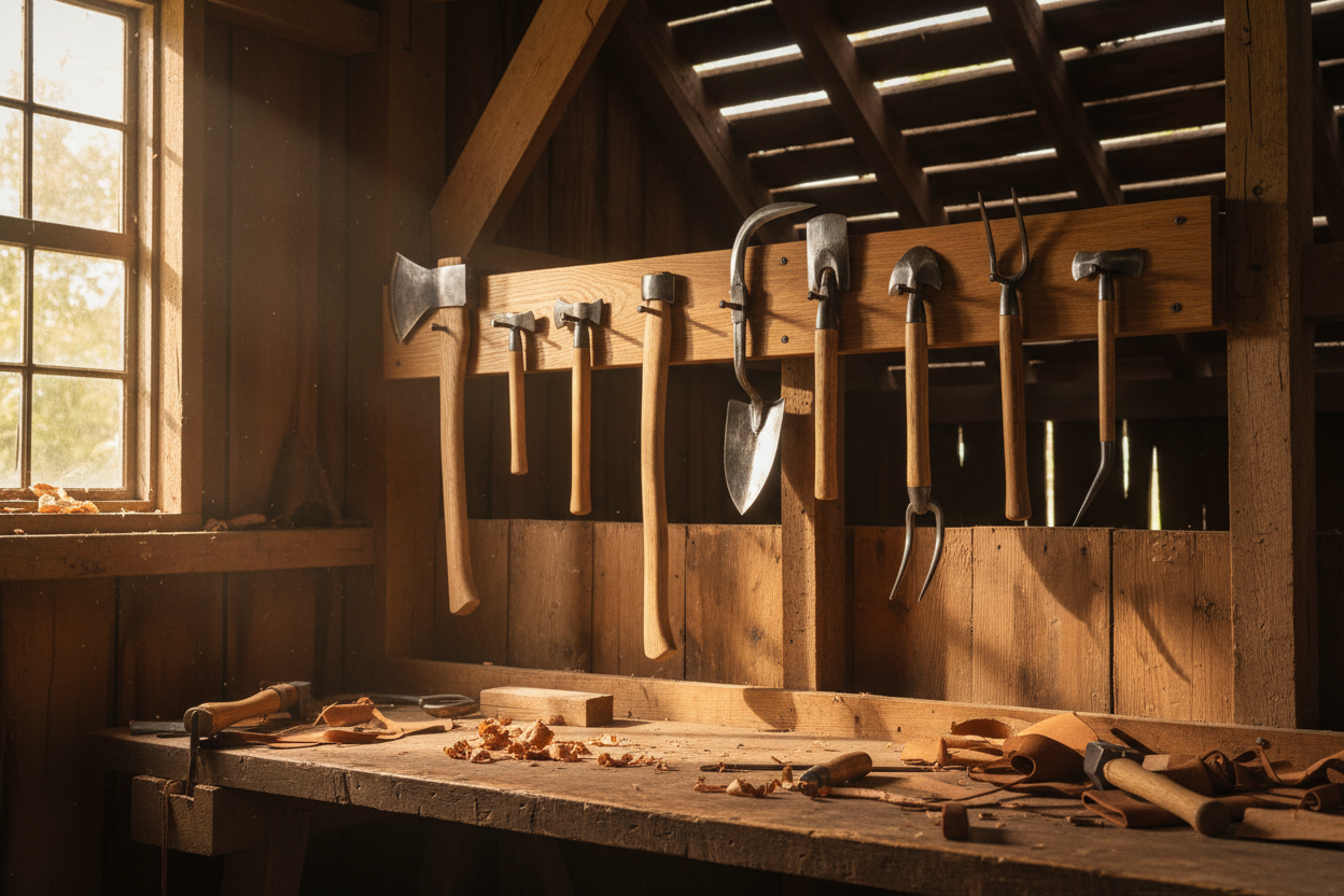 Nine hand-forged high-carbon steel tools mounted on a solid oak wall rack in a rustic barn workshop