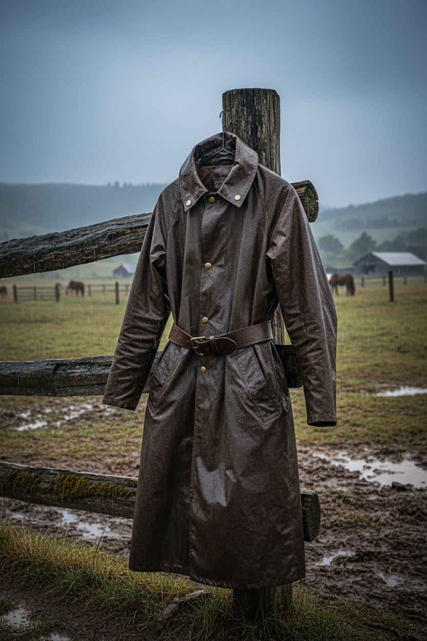 Stormcoat oilskin riding duster on a fence post in the rain on a western ranch