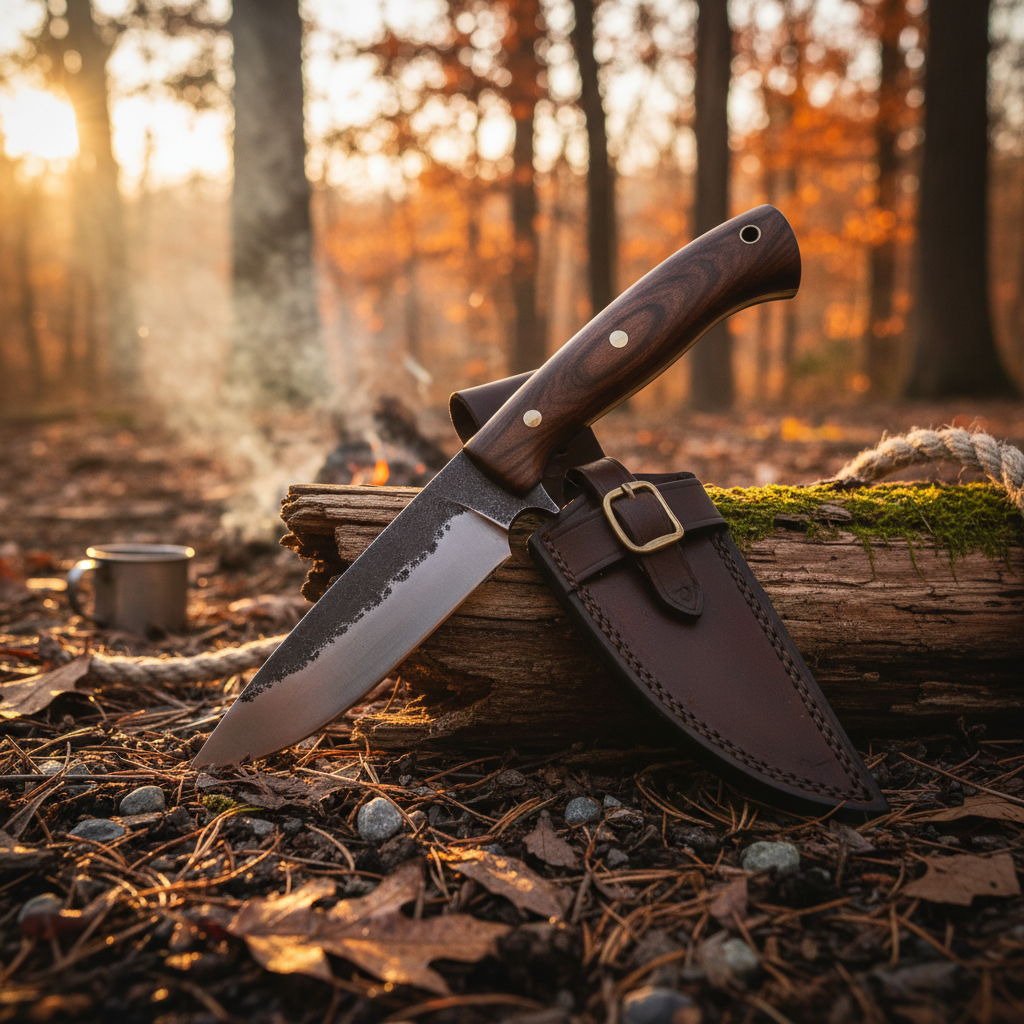 Trailhead knife resting on a weathered log at golden hour with leather sheath