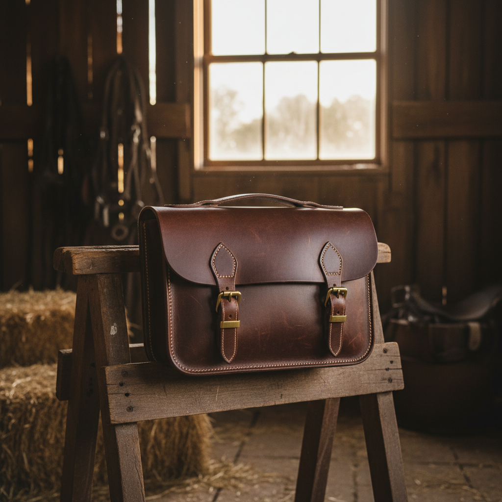Longhorn full-grain leather saddle satchel with brass buckles on a wooden saddle stand in a Texas barn