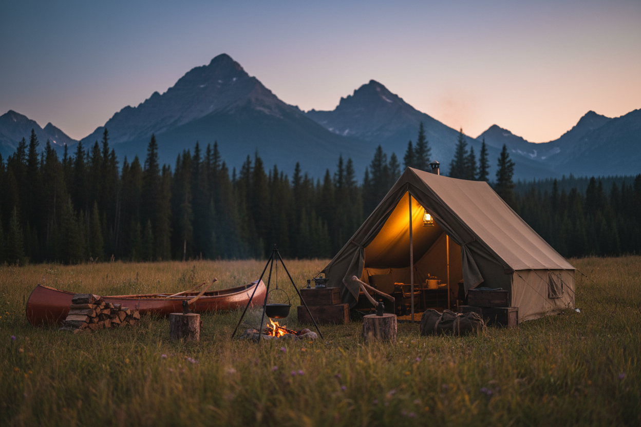 Cattleman canvas wall tent in a mountain meadow at dusk with warm lantern glow inside