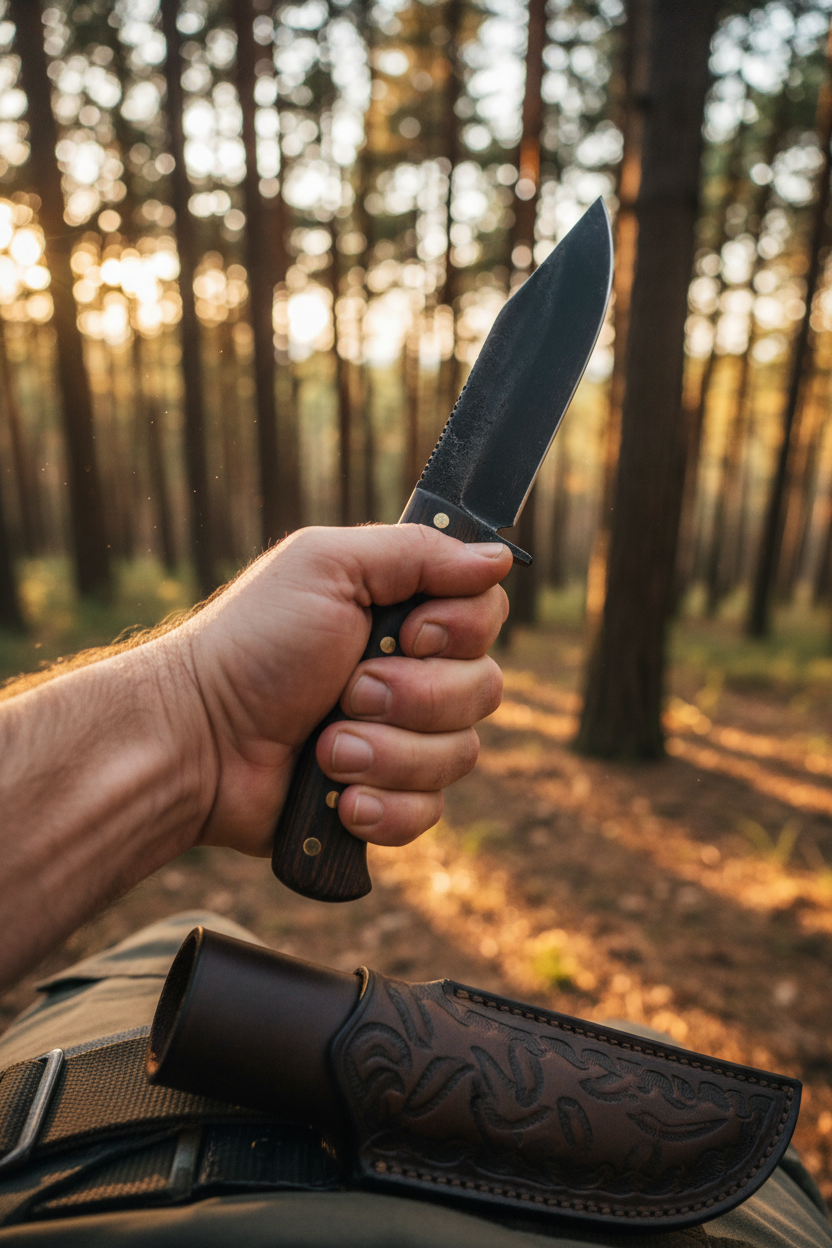 Trailhead knife held outdoors with leather sheath clipped to belt