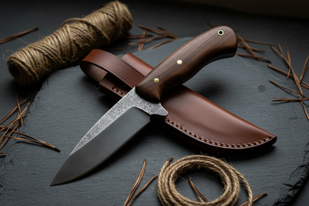 Trailhead knife flat lay on dark slate with pine needles and cordage